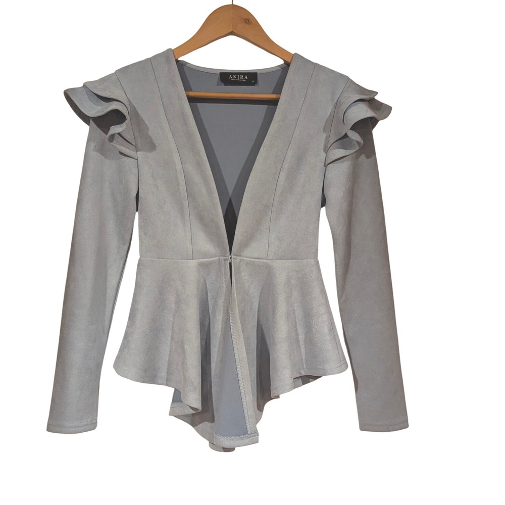 AKIRA Light Gray Ruffle Peplum Blazer